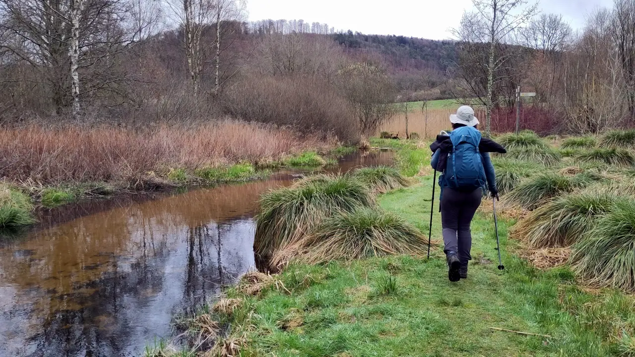 Manu from behind on a small trail running through a meadow. To her left is a small, clear stream.