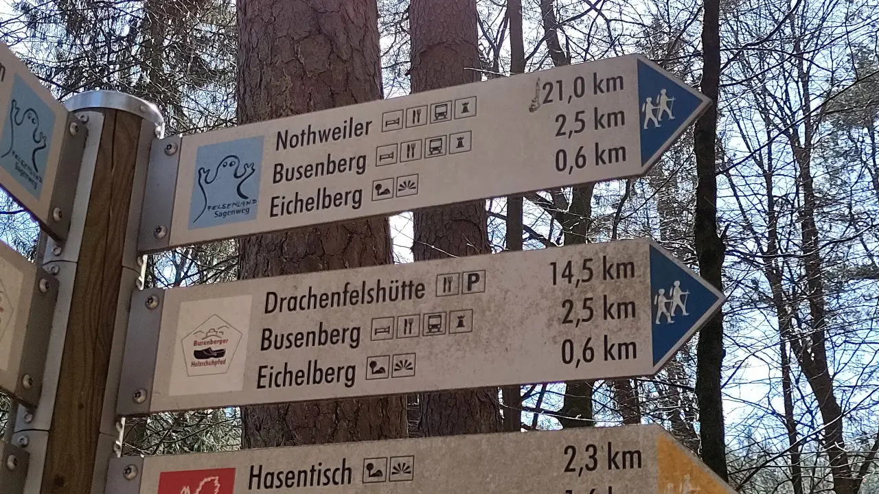 Hiking signs pointing to Busenberg (bossom hill) and Eichelberg (could be translated as glans hill, although it's actually acorn hill)