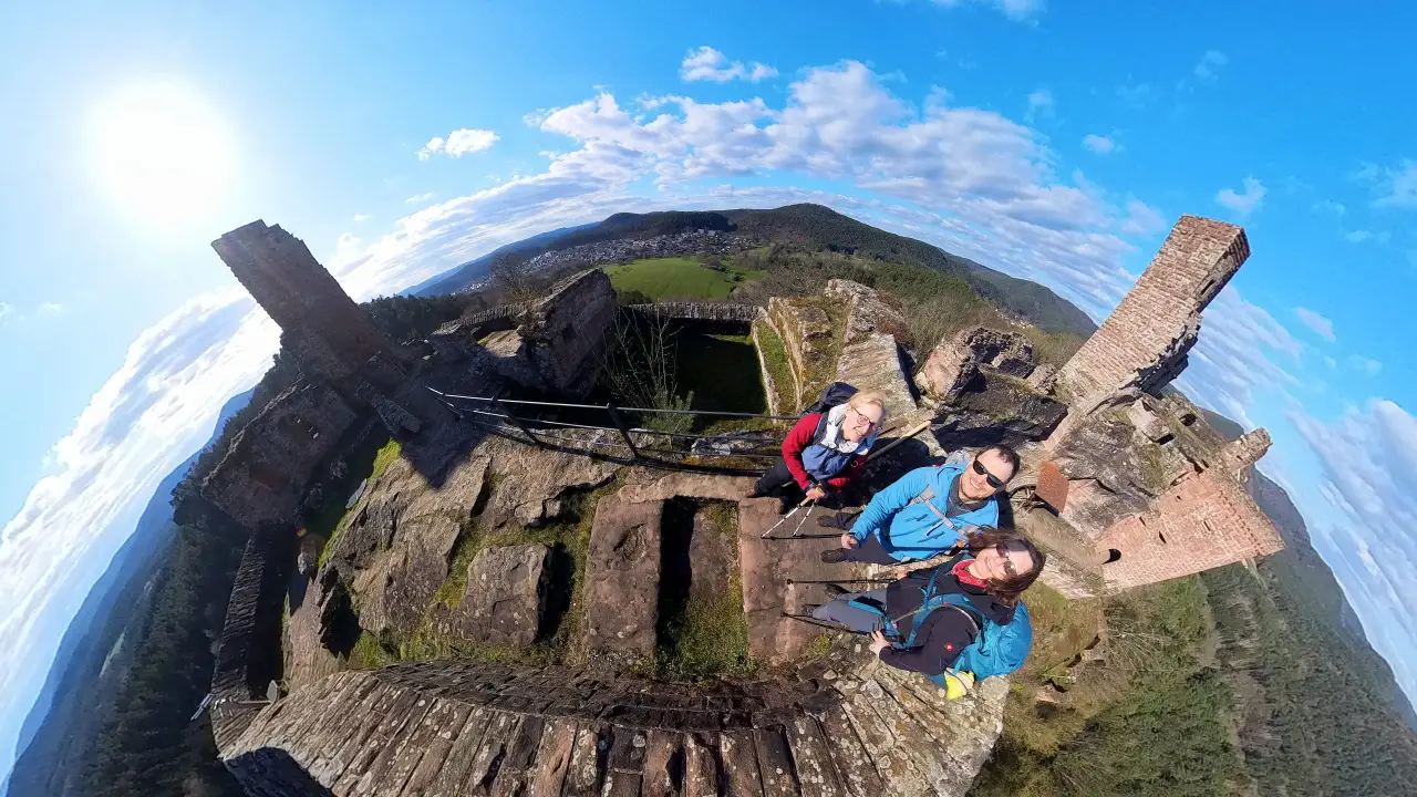 Selfie of the three of us on castle Altdahn. The horizon is warped by the fish eye lens effect, so the whole area is visible