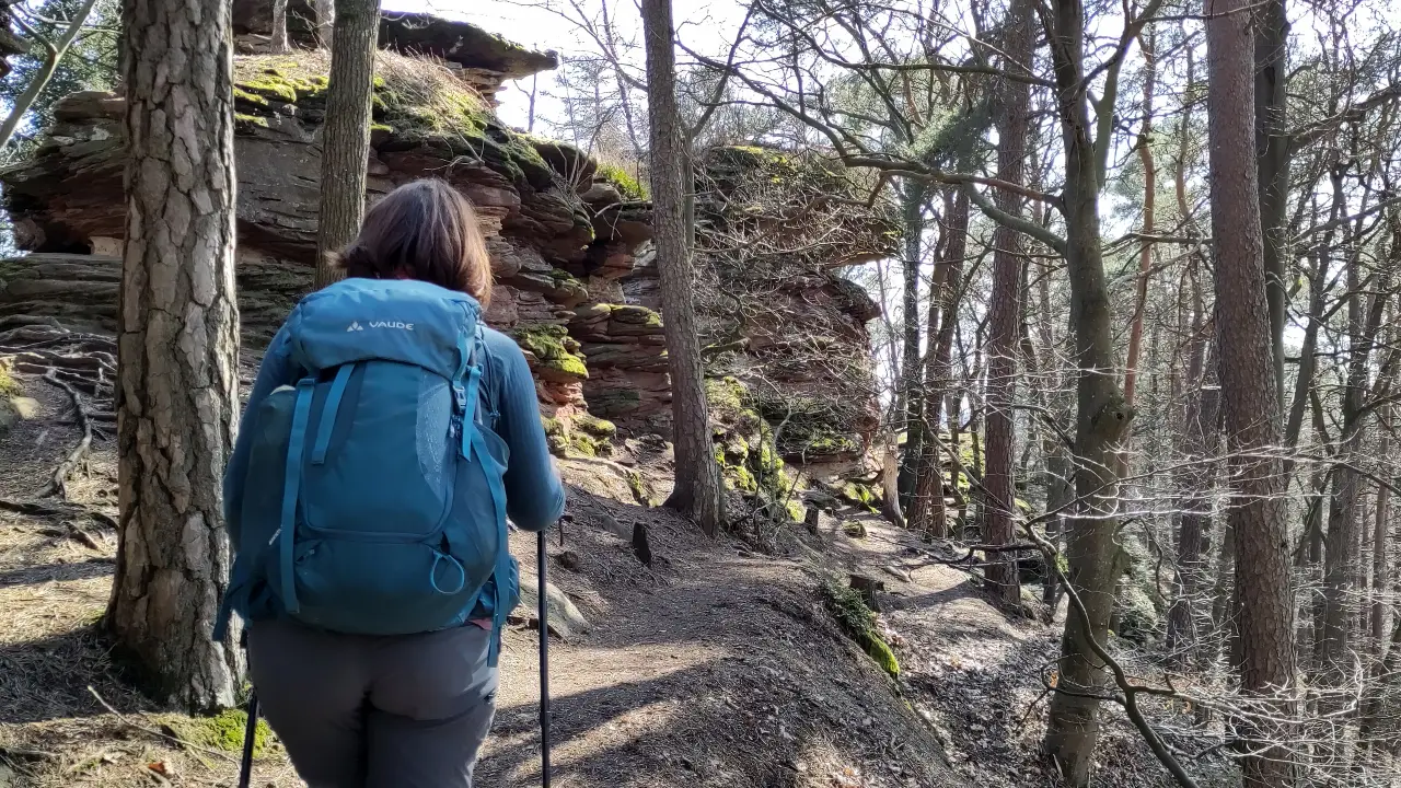 Manu in front of a rock face in the woods
