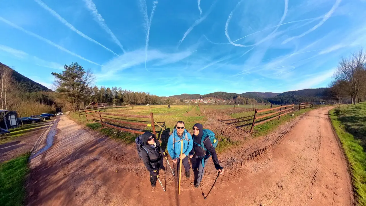 A few contrail loops in the blue sky