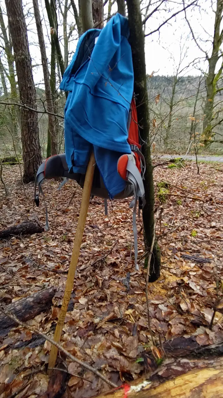 My backpack hanging from my walking stick, perched against a tree