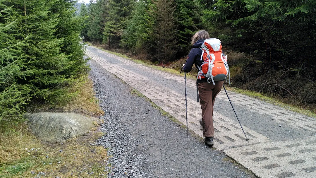 Manu walking on the typical concrete slabs of the former border patrol road