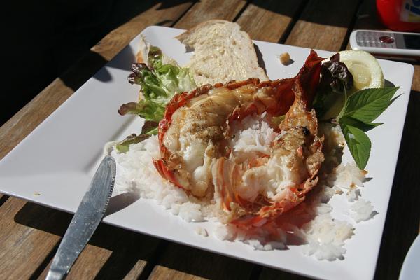 Zwei aufgeschnittene Hälften eines gegrillten Crayfish auf dem Teller