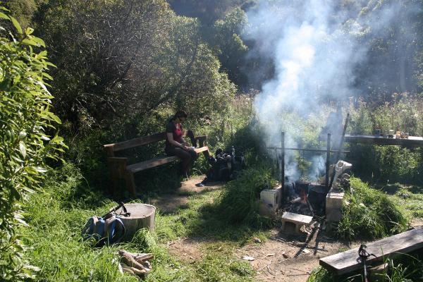Lagerfeuer mit Kessel vor Bäumen