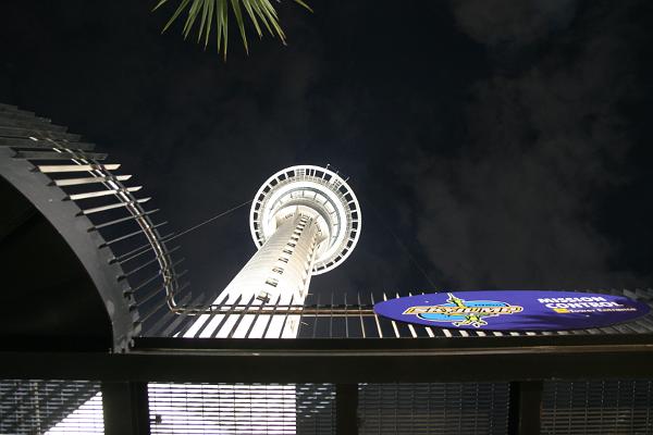 Blick am hell erleuchteten Skytower nach oben. Im Vordergrund sind Teile der Plattform und die Führungsseile des Skyjump erkennbar.